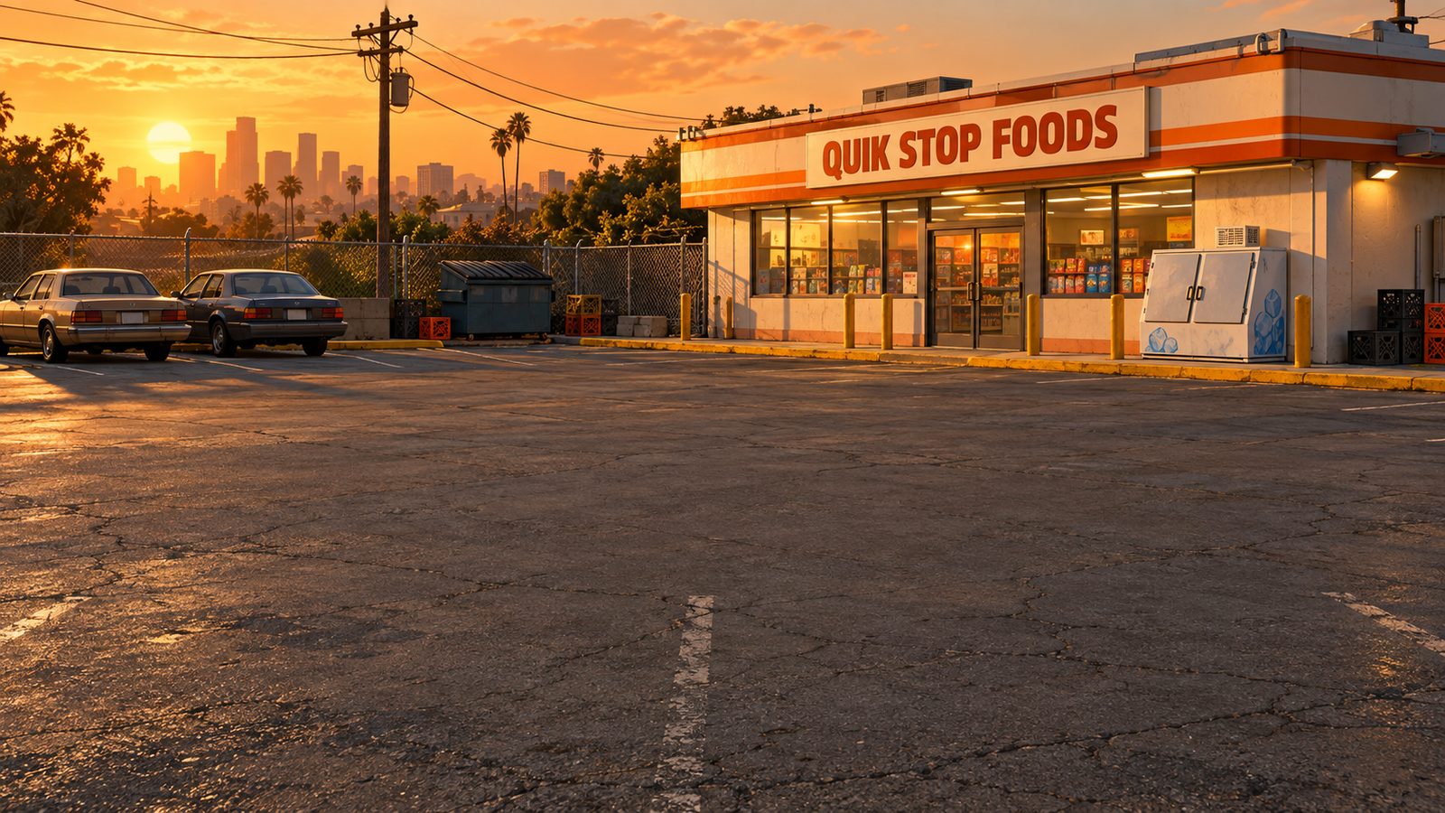 The Corner Lot — convenience store parking lot at golden hour, where the challenge was born